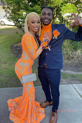 High Neck Long Sleeve Orange Mermaid Prom Dress