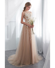 Lace Tulle Champagne Long Formal Dress With Modest High Neck