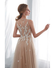Lace Tulle Champagne Long Formal Dress With Modest High Neck