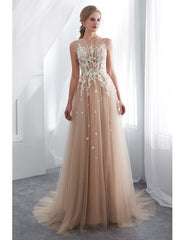 Lace Tulle Champagne Long Formal Dress With Modest High Neck