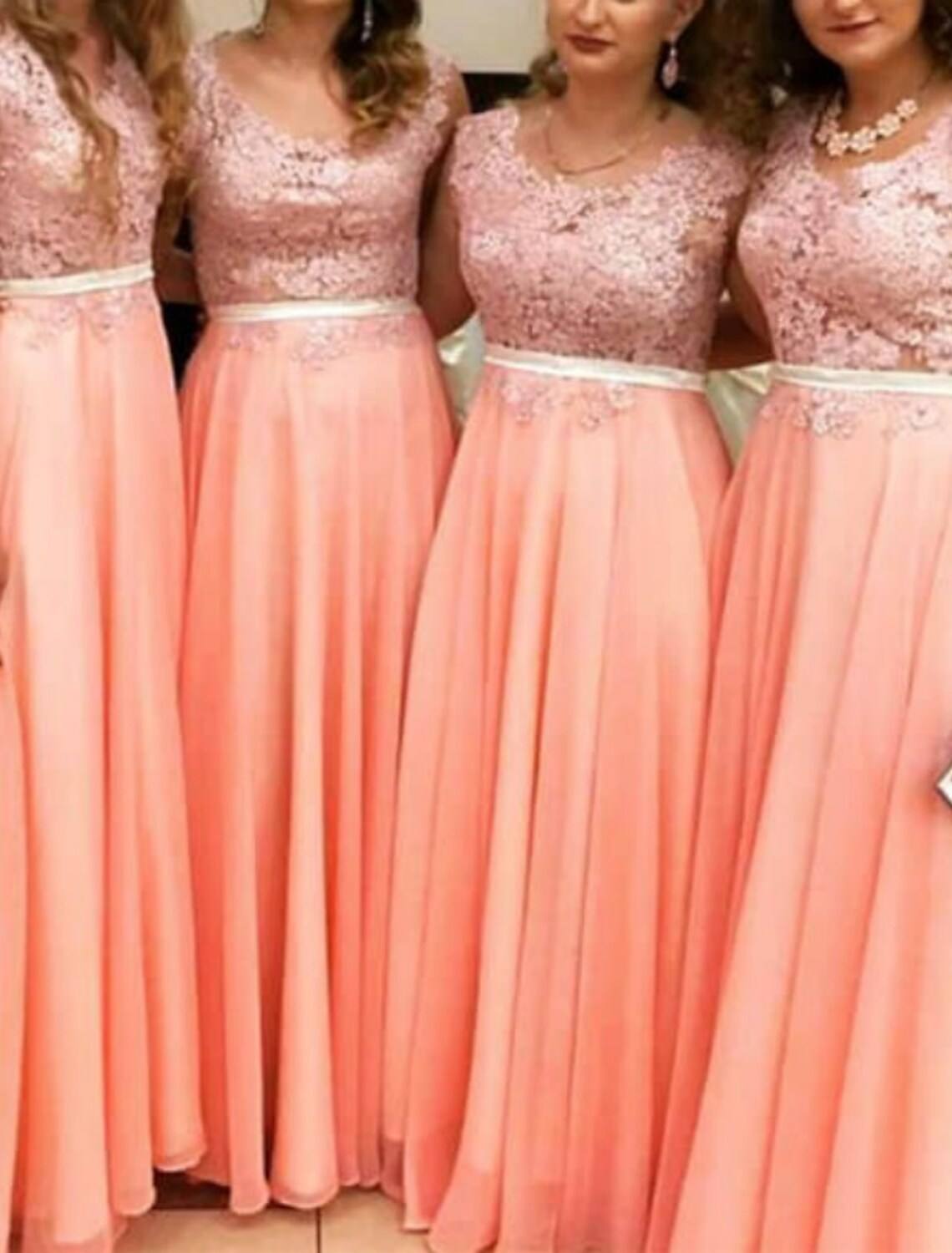 A-Line Bridesmaid Dress Jewel Neck Sleeveless Elegant Floor Length Chiffon / Lace with Lace / Pleats / Solid Color - RongMoon