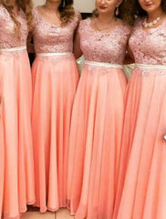 A-Line Bridesmaid Dress Jewel Neck Sleeveless Elegant Floor Length Chiffon / Lace with Lace / Pleats / Solid Color - RongMoon