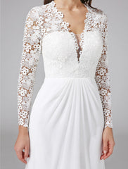 Beach Royal Style Boho Wedding Dresses Sweep / Brush Train Sheath / Column Long Sleeve Illusion Neck Chiffon With Lace Button