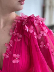 Long Sleeve Butterfly Pink Chiffon Prom Dress