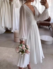 V Neck Tea Length Chiffon Long SleeveWedding Dress