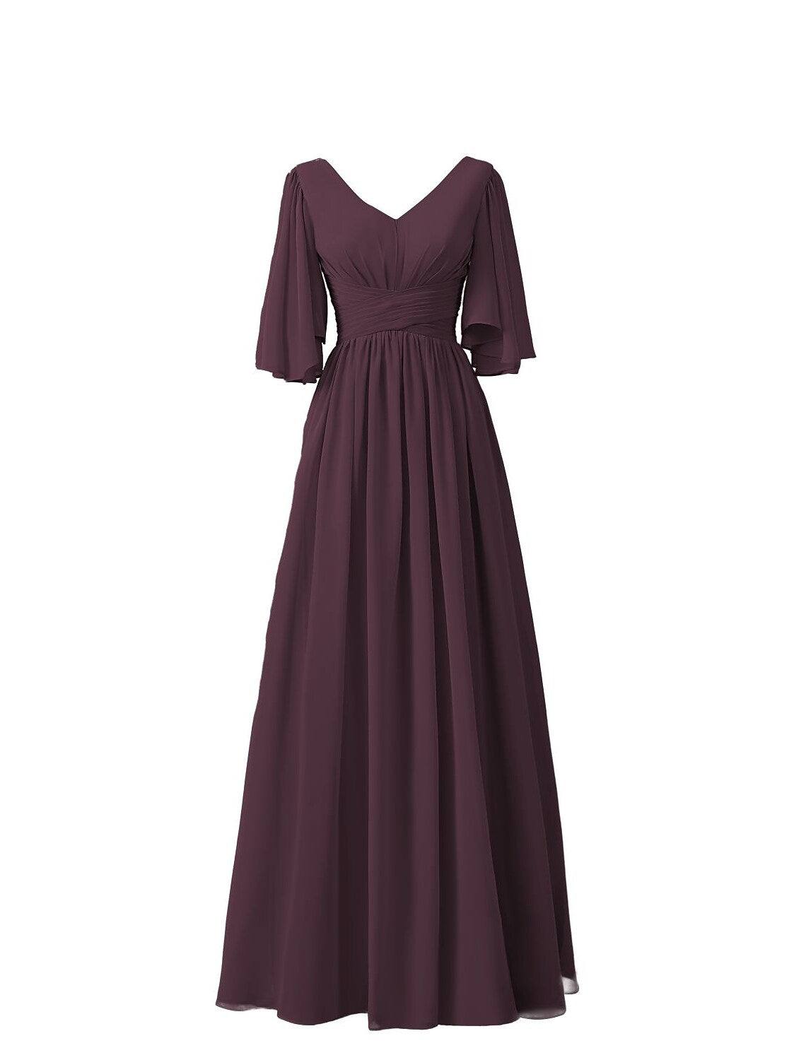 A-Line Bridesmaid Dress V Neck Half Sleeve Elegant Floor Length Chiffon with Pleats / Ruffles - RongMoon