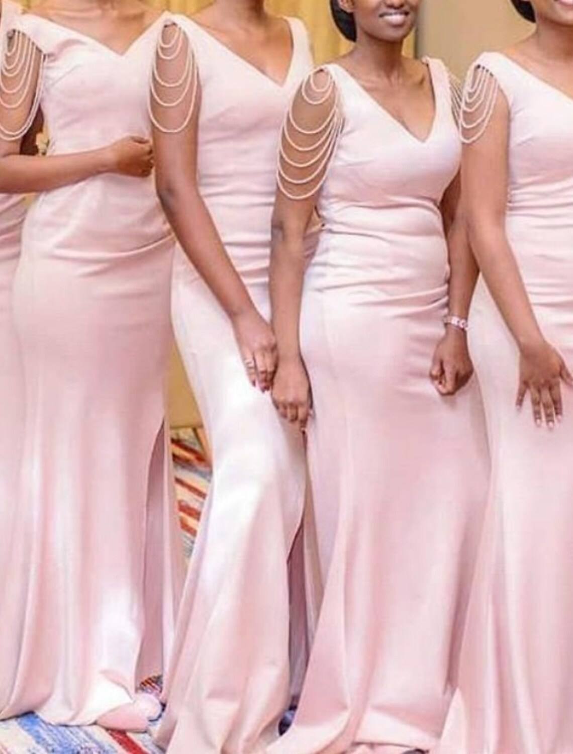 Sheath / Column Bridesmaid Dress V Neck Sleeveless Elegant Sweep / Brush Train Stretch Chiffon with Pearls / Solid Color - RongMoon