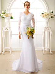 Engagement Open Back Formal Wedding Dresses Court Train Mermaid / Trumpet Long Sleeve Illusion Neck Chiffon With Sash / Ribbon Appliques