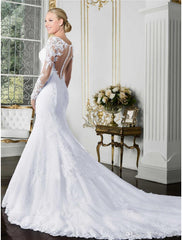 Engagement Formal Wedding Dresses Mermaid / Trumpet Illusion Neck Long Sleeve Court Train Lace Bridal Gowns With
