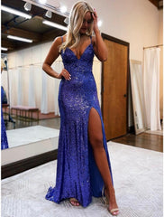 Mermaid / Trumpet Prom Dresses Sparkle & Shine Dress Formal Sweep / Brush Train Sleeveless V Neck Sequined Backless with Glitter Sequin