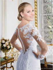 Engagement Formal Wedding Dresses Mermaid / Trumpet Illusion Neck Long Sleeve Court Train Lace Bridal Gowns With