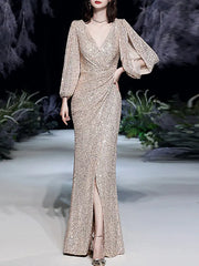 Gold Long Sleeve Sequin Prom Dress With Slit
