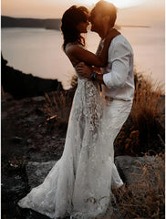 One Shoulder Lace See Through Wedding Dress With Slit