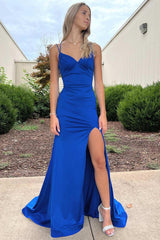 High Side Slit Simple Long Prom Dresses, Royal Blue 2023 Prom Dresses, Graduation Party Girl Dresses - RongMoon