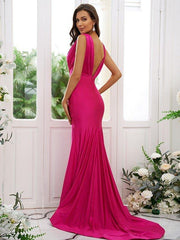 Trumpet/Mermaid Jersey Ruched V-neck Sleeveless Sweep/Brush Train Bridesmaid Dresses - RongMoon