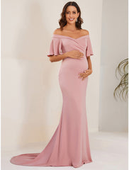 Mermaid / Trumpet Maternity Dresses Maternity Dress Formal Court Train Short Sleeve Off Shoulder Stretch Fabric with Ruched Pure Color