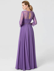 A-Line Elegant Holiday Cocktail Party Formal Evening Dress V Neck 3/4 Length Sleeve Floor Length Chiffon Lace with Sash / Ribbon Beading / Illusion Sleeve