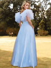 Tulle See Through Blue Prom Dress