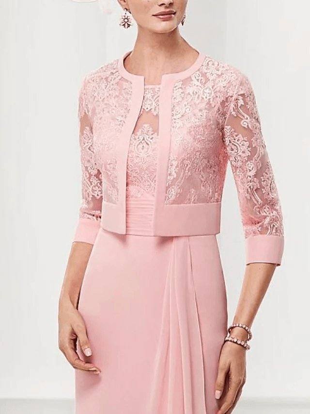 Two Piece Sheath / Column Mother of the Bride Dress Elegant Illusion Neck Knee Length Chiffon Lace 3/4 Length Sleeve with Draping - RongMoon