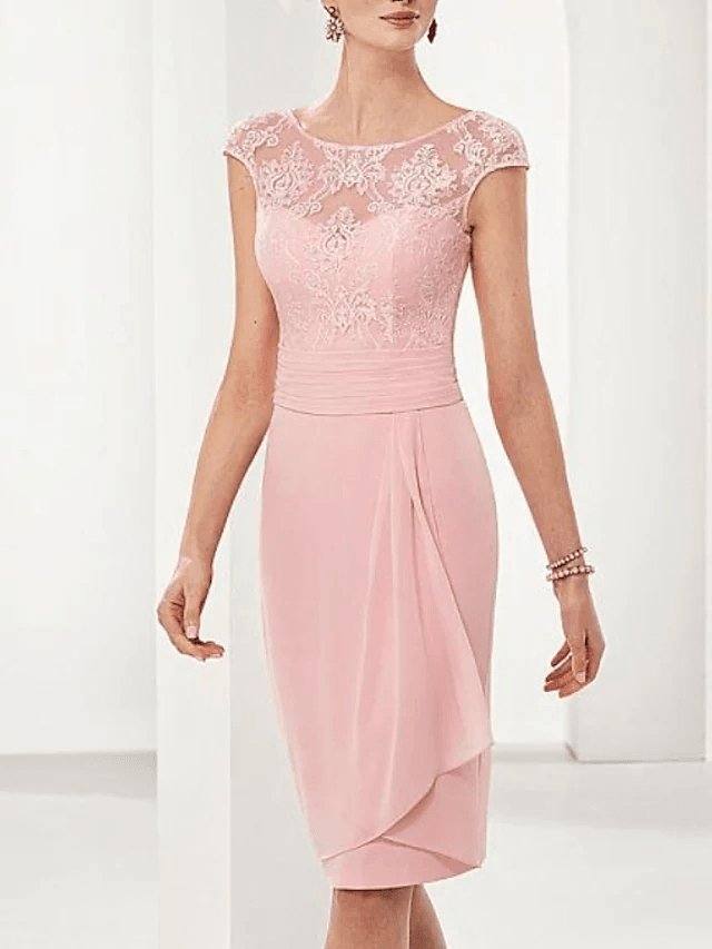 Two Piece Sheath / Column Mother of the Bride Dress Elegant Illusion Neck Knee Length Chiffon Lace 3/4 Length Sleeve with Draping - RongMoon