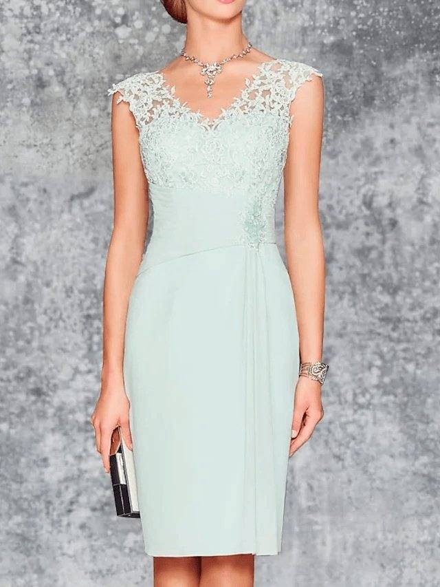 Two Piece Sheath / Column Mother of the Bride Dress Elegant V Neck Knee Length Chiffon 3/4 Length Sleeve with Embroidery - RongMoon