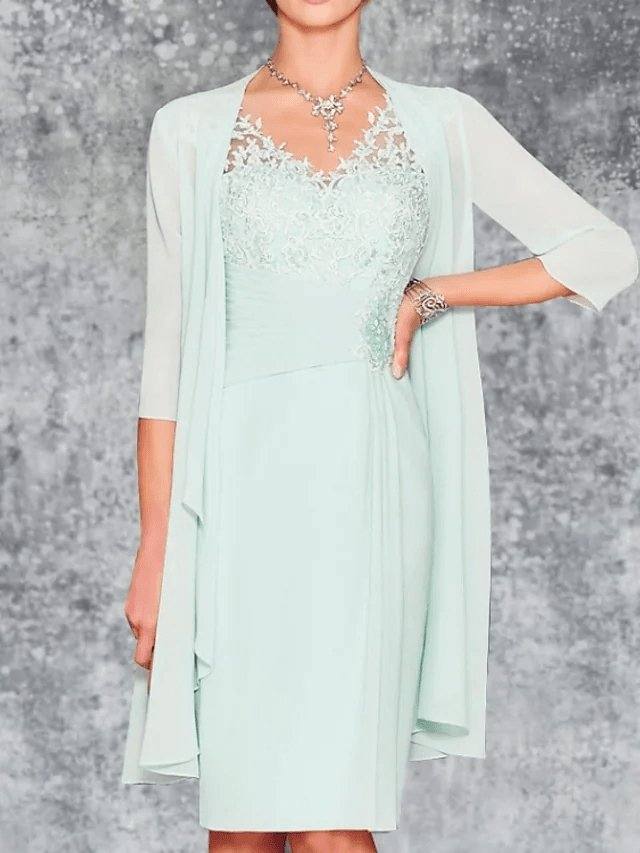 Two Piece Sheath / Column Mother of the Bride Dress Elegant V Neck Knee Length Chiffon 3/4 Length Sleeve with Embroidery - RongMoon