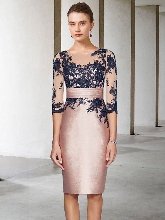 Two Piece Sheath / Column Mother of the Bride Dress Elegant Wrap Included Jewel Neck Knee Length Lace Satin 3/4 Length Sleeve with Appliques Color Block - RongMoon