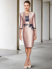 Two Piece Sheath / Column Mother of the Bride Dress Elegant Wrap Included Jewel Neck Knee Length Lace Satin 3/4 Length Sleeve with Appliques Color Block - RongMoon