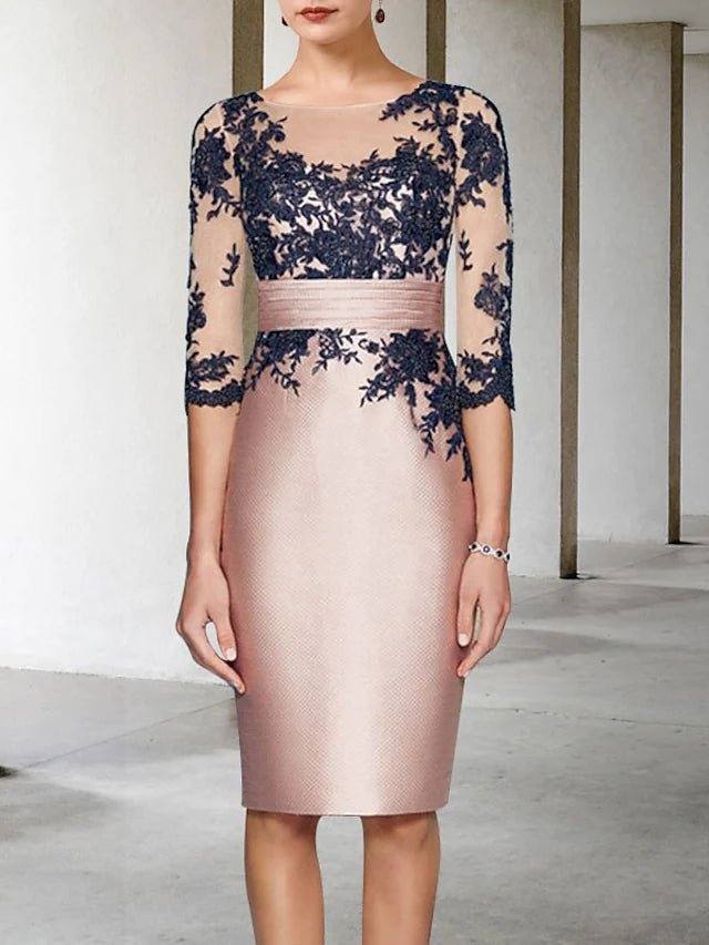 Two Piece Sheath / Column Mother of the Bride Dress Elegant Wrap Included Jewel Neck Knee Length Lace Satin 3/4 Length Sleeve with Appliques Color Block - RongMoon