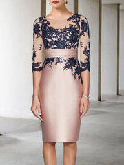 Two Piece Sheath / Column Mother of the Bride Dress Elegant Wrap Included Jewel Neck Knee Length Lace Satin 3/4 Length Sleeve with Appliques Color Block - RongMoon