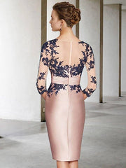 Two Piece Sheath / Column Mother of the Bride Dress Elegant Wrap Included Jewel Neck Knee Length Lace Satin 3/4 Length Sleeve with Appliques Color Block - RongMoon
