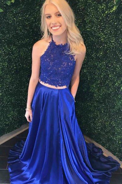 Two Pieces Lace Royal Blue Long Prom Dresses, Royal Blue Lace Formal Dresses, Two Pieces Lace Evening Dresses - RongMoon
