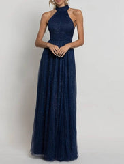 A-Line Bridesmaid Dress Halter Neck Sleeveless Elegant Floor Length Tulle with Pleats / Ruching - RongMoon