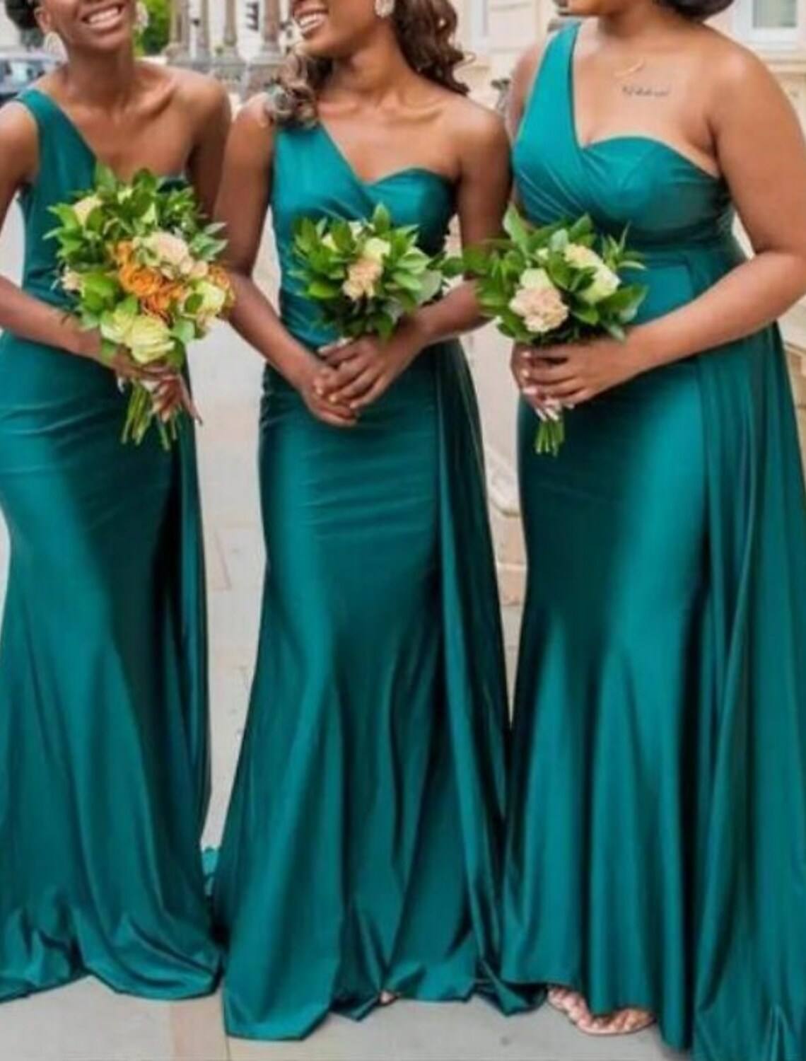 Mermaid / Trumpet Bridesmaid Dress One Shoulder Sleeveless Elegant Sweep / Brush Train Spandex with Draping / Solid Color - RongMoon
