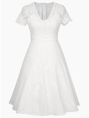 A-Line Party Dresses Elegant Dress Homecoming Knee Length Short Sleeve V Neck Satin with Appliques