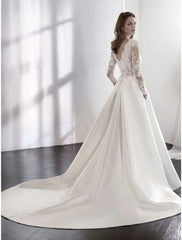 Beach Formal Wedding Dresses Chapel Train A-Line Long Sleeve Illusion Neck Satin With Lace Pleats