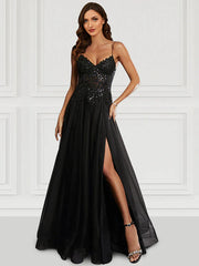 A-Line Prom Dresses Black Dress Party Wear Floor Length Sleeveless Spaghetti Strap Tulle with Glitter Slit