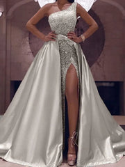 One Shoulder Sequin Detachable Train Prom Dress