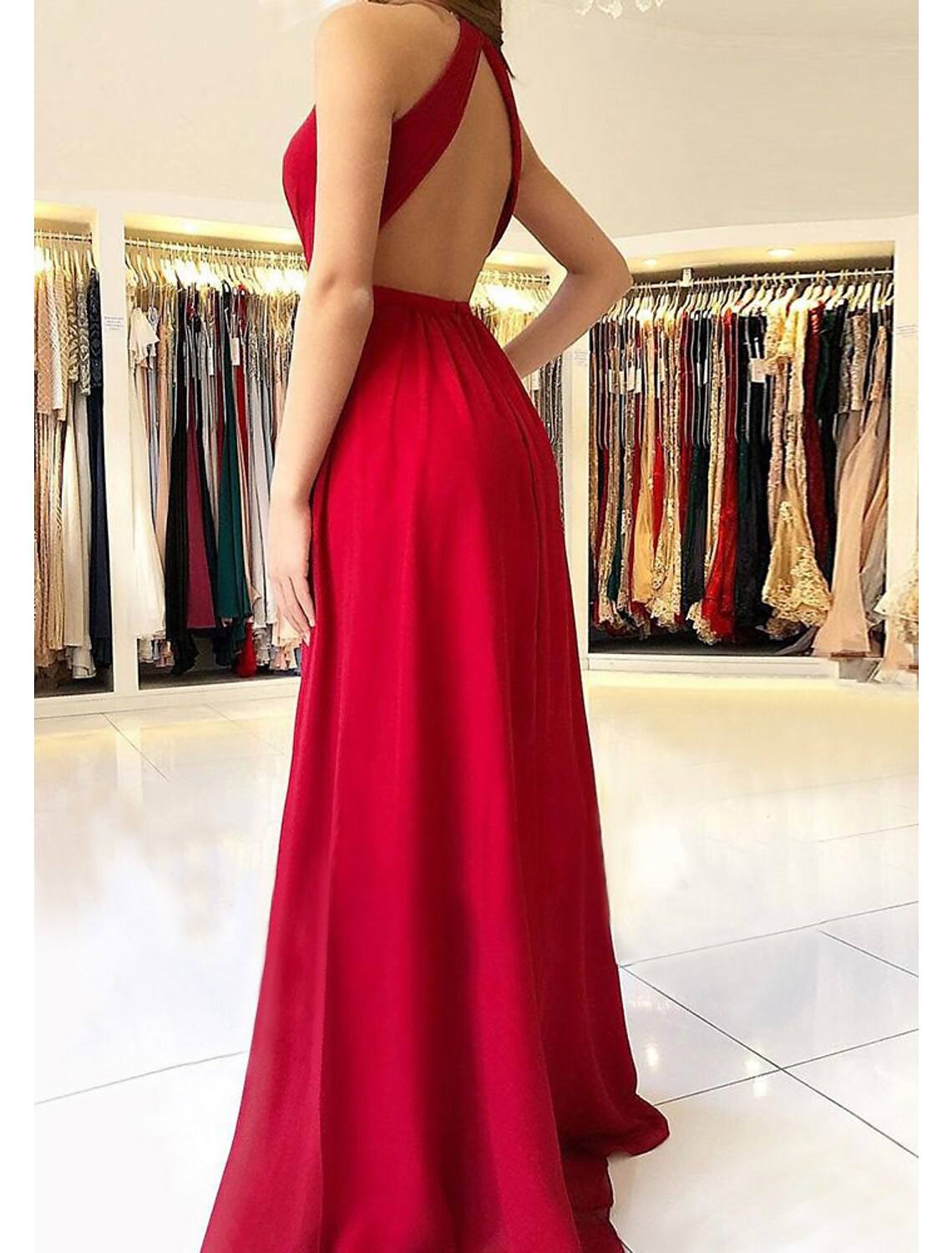 A-line/Princess Scalloped Neck Sleeveless Long/Floor-Length Chiffon Prom Dress With Split - RongMoon