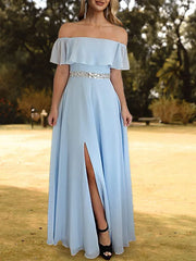 Chiffon Blue Beading Prom Dress With Slit
