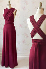 Unique Burgundy Long Prom Dress with Cross Back, Burgundy Formal Graduation Evening Dress, Burgundy Bridesmaid Dress - RongMoon