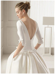 Engagement Formal Wedding Dresses Court Train A-Line Half Sleeve Scoop Neck Satin With Bow(s) Pleats