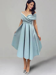 A-Line Wedding Guest Dresses 1950s Dress Summer Tea Length Sleeveless Off Shoulder Satin with Ruched