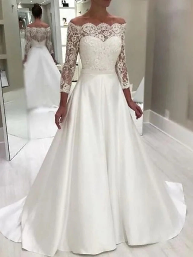 A Line Satin Off The Shoulder Long Sleeve Wedding Dress