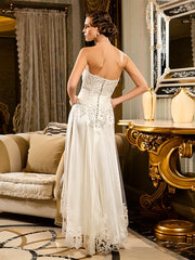 Little White Dresses Wedding Dresses Asymmetrical A-Line Strapless Sweetheart Lace With Appliques Button
