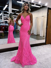 Mermaid / Trumpet Prom Dresses Sparkle & Shine Dress Formal Sweep / Brush Train Sleeveless V Neck Sequined Backless with Glitter Sequin