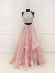 Two Piece Ball Gown Prom Dresses Sparkle & Shine Dress Party Wear Floor Length Sleeveless Halter Organza with Sequin