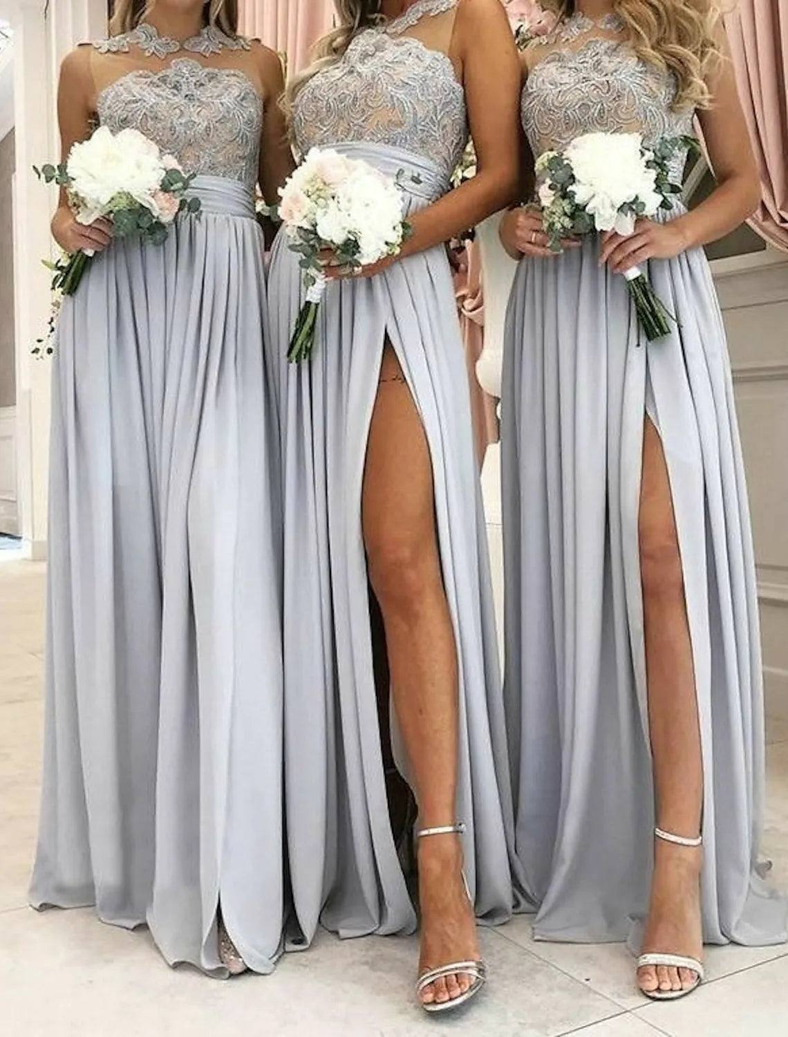A-Line Bridesmaid Dress High Neck Sleeveless Sexy Floor Length Chiffon / Lace with Appliques / Split Front - RongMoon