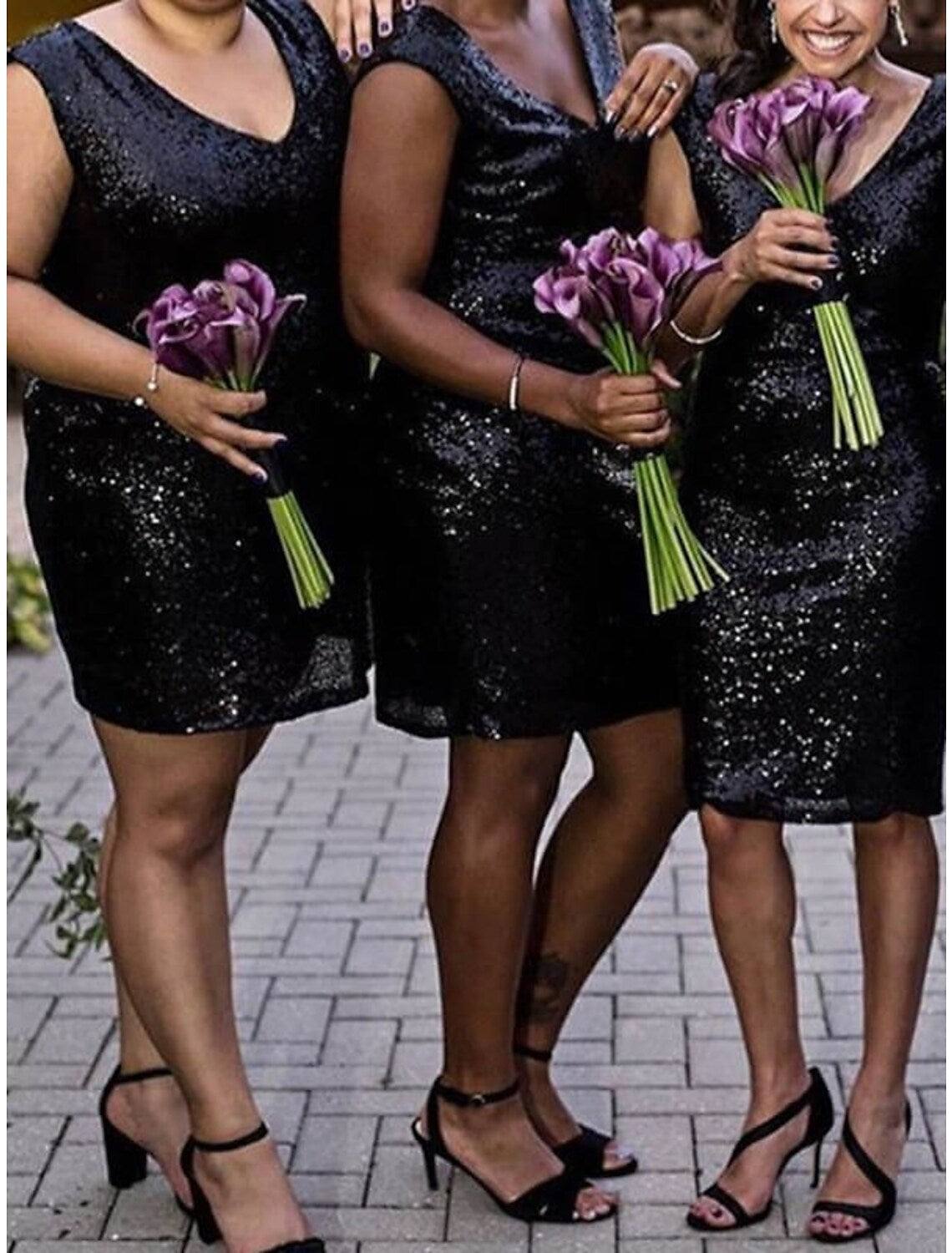 Sheath / Column Bridesmaid Dress V Neck Sleeveless Elegant Knee Length Sequined with Sequin / Solid Color - RongMoon