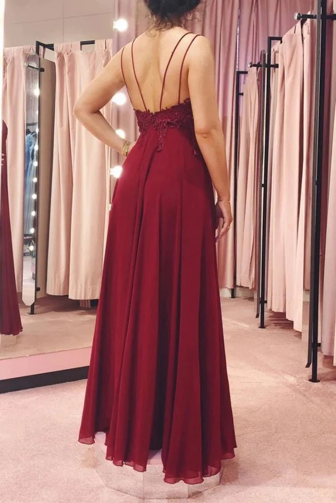 V Neck Backless Burgundy Lace Long Prom Dress, Backless Burgundy Lace Formal Dress, Burgundy Lace Evening Dress - RongMoon